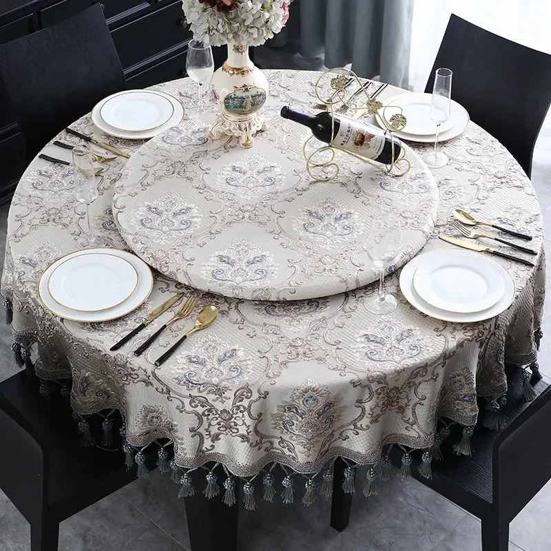 EIFLOY-Retro Tassel Round Tablecloth for Party, Events, Jacquard 3D Floral Table Covers, European Fabric Turntable Decoration