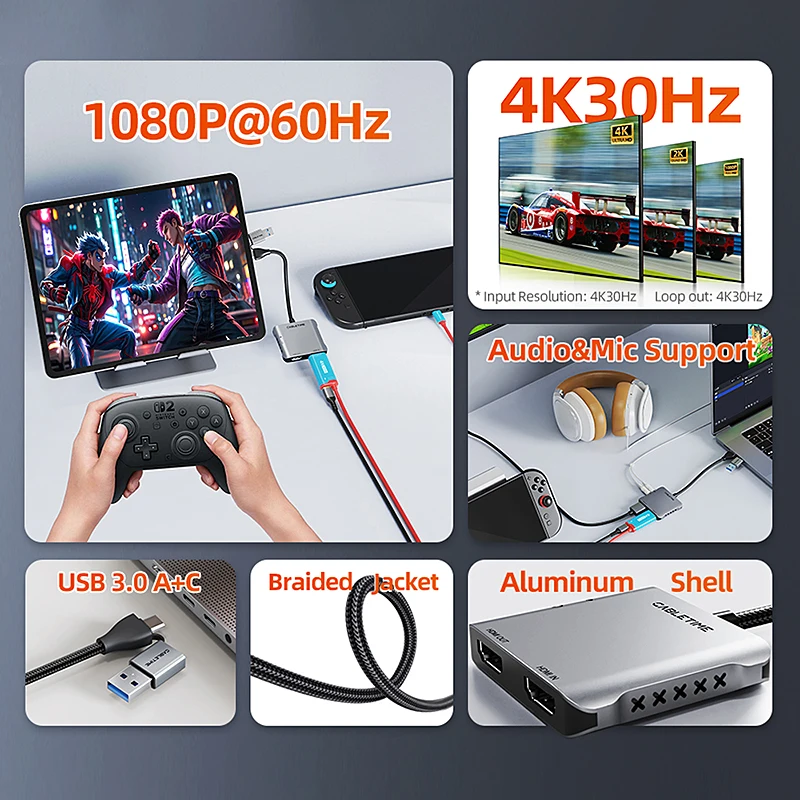 CABLETIME 4K@30Hz USB 3.0 Video Capture Card to HDMI Capture with Loop Out for USB Gaming PS5 Switch Video Streaming