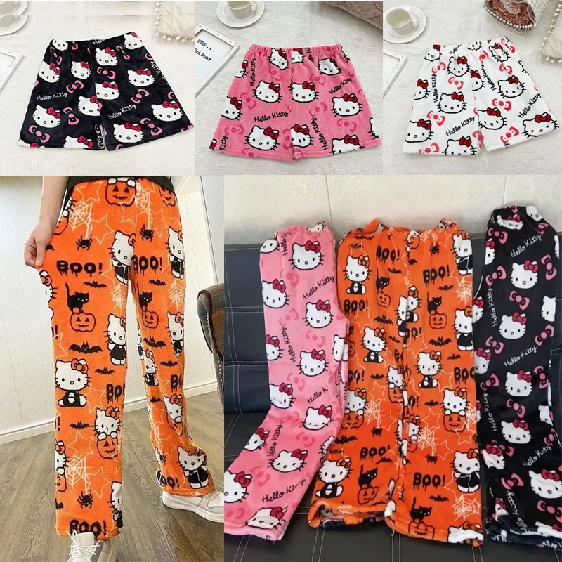 Anime hello kitty pajamas pants Y2k Kawaii Sanrio Flannel Pajamas Women\'s Warm Woolen Cartoon Casual Autumn Winter Home Trousers