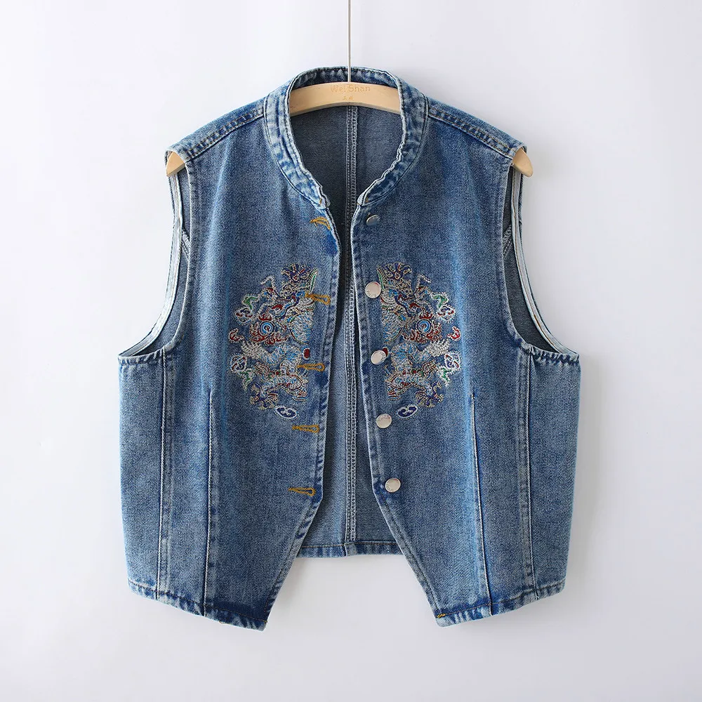 Chinese Style Spring Autumn Denim Vest For Women 2026 New Women All-match Denim Vests Coat Embroidery Loose Female Denim