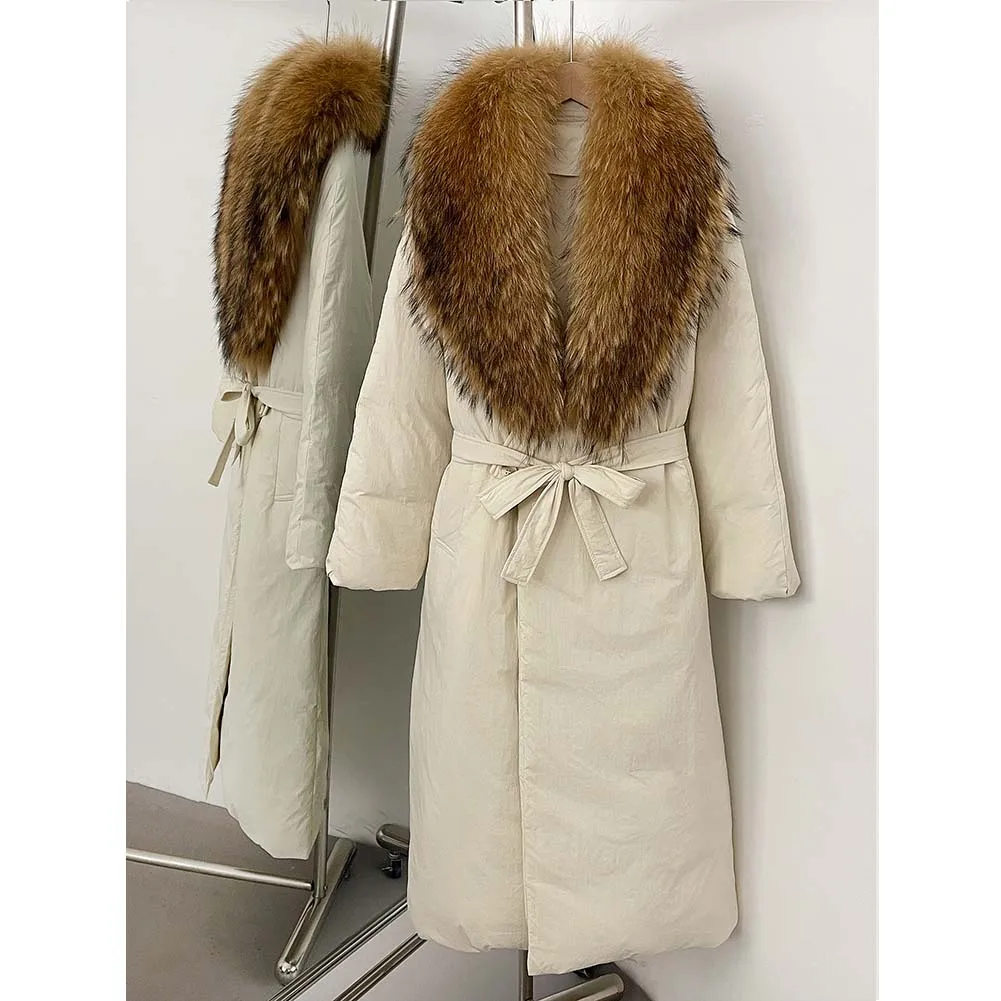 เสื้อโค้ทขนเป็ดขาวแท้สำหรับผู้หญิง ฤดูหนาวปี 2025  คอปกขนฟ็อกซ์แท้  แบบยาวพองตัว  หนานุ่ม อุ่น  พร้อมขนแท้