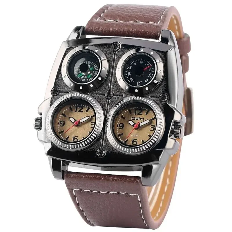 Cool OULM Watch Men Military Sport Quartz Watches Dual Time Zone Brown Leather Strap