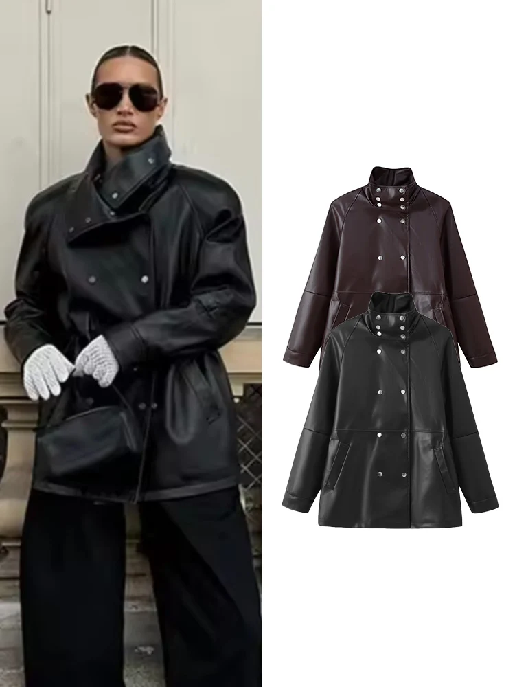 

TFMLN Winter New Women Faux Leather PU Jacket Stand Collar Double Breasted Solid Coats Autumn Fashion Ladies Casual Street Wear