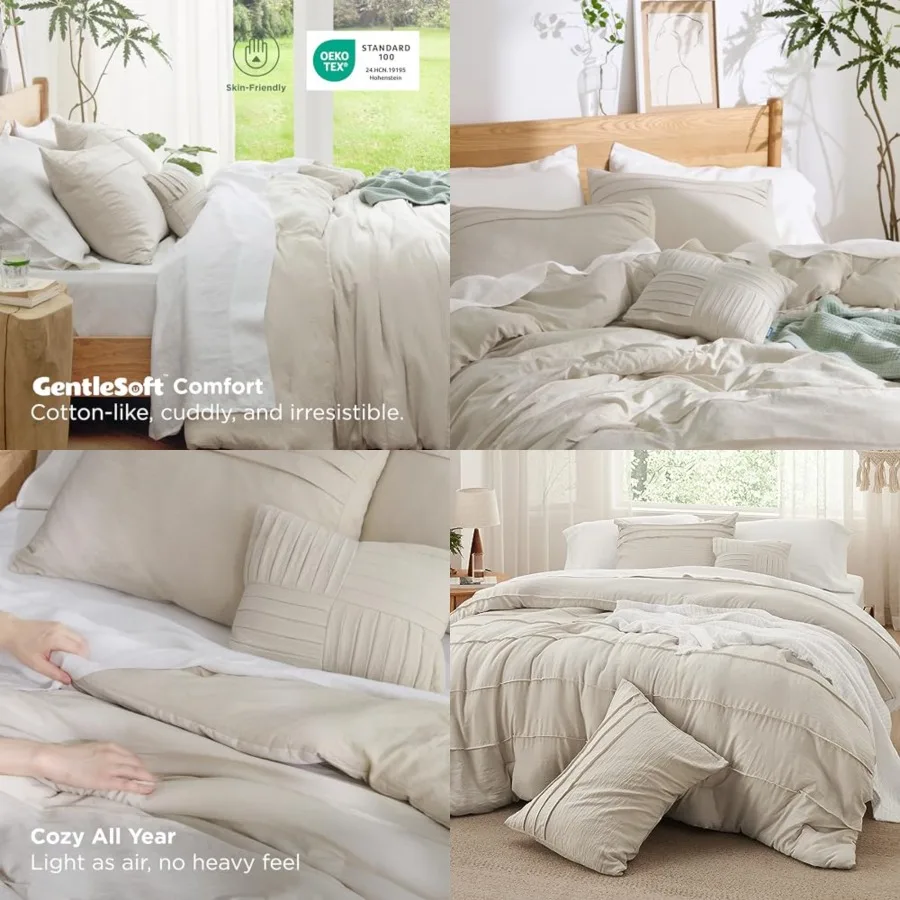 

Comforter Set - 4 Pieces Pinch Pleat Bed Set, Beige Boho Bedding for All Season, 1 Soft Comforter, 2 Pillowcases, 1 Decorative