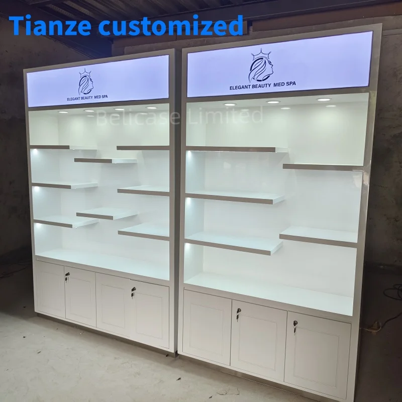 （customized）High-end Cosmetics Shop Counter Design Retail Display Showcase Makeup with Light  Wood Cosmetics Shop Furniture