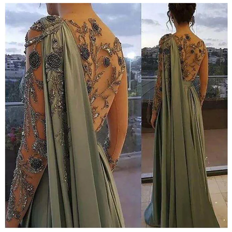 Elegant Party Evening Dress 2024 Green Appliques Sequined Long Sleeve A-Line Prom Dresses Special Occasion Chic Luxury Gown