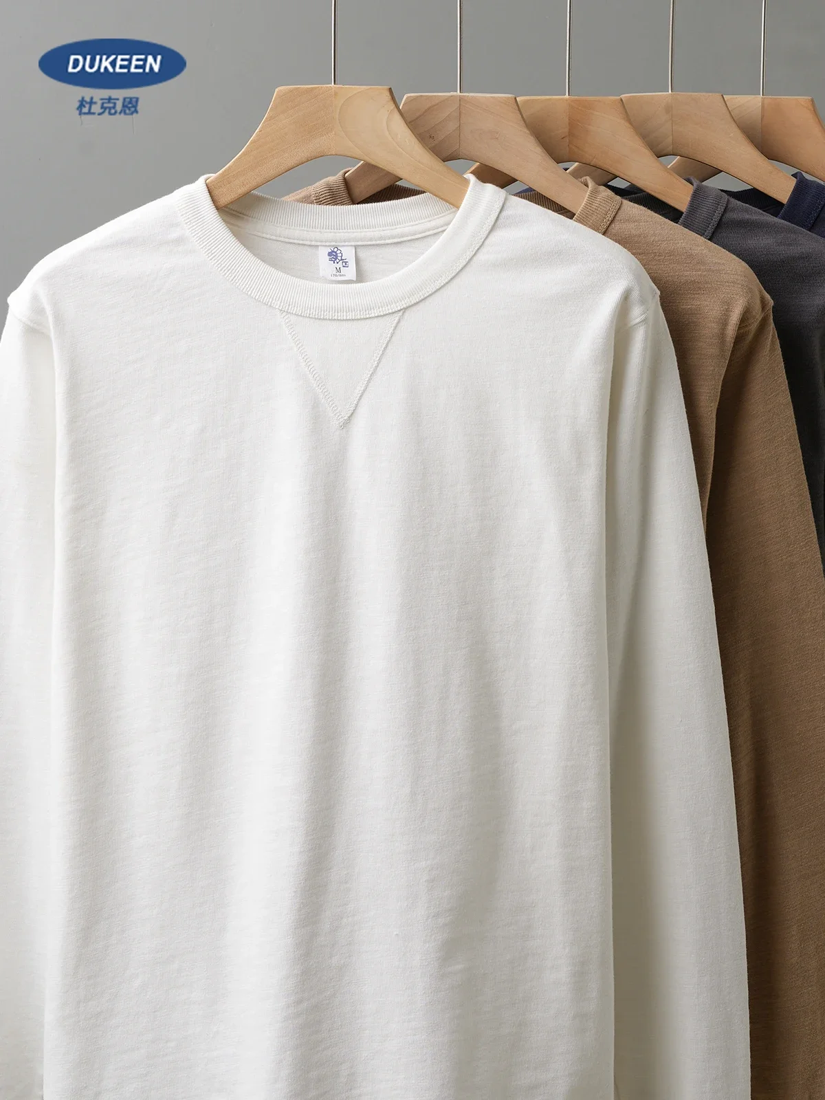 

DUKEEN 320Gsm Pure Cotton Men Long-Sleeve T Shirts Spring and Autumn Heavyweight Casual Oversize Tops Solid Color Men's Clothing