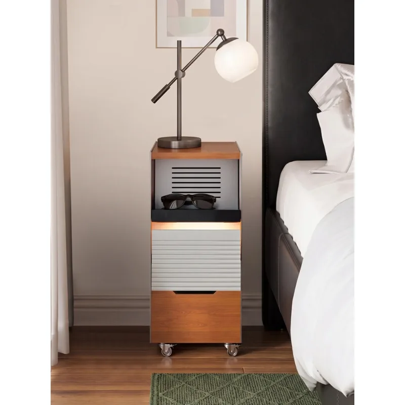 Narrow bedside table, medieval solid wood stainless steel with lamp,removable high-end storage side cabinet in household bedroom