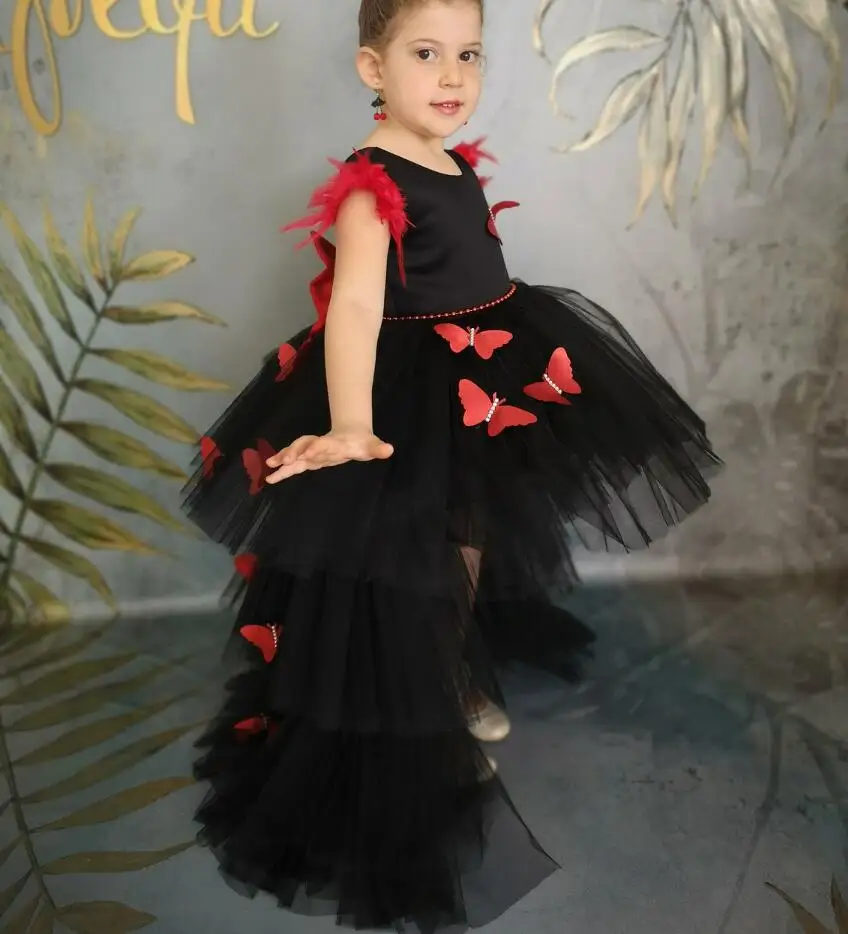 Black Puffy Tulle Kids Birthday Dress Feather Sleeve Princess Wedding Event Pageant Dresses Prom Gowns