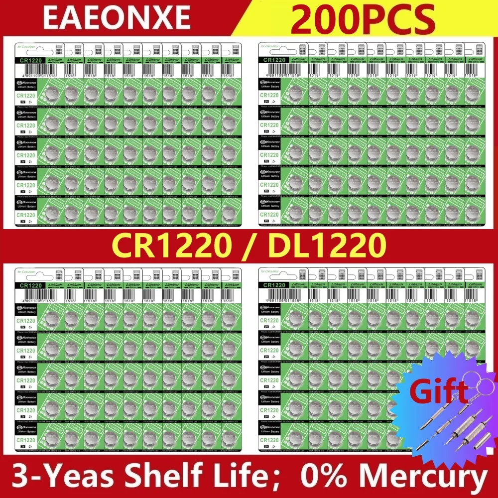 200pcs CR1220 Button Cell Battery 3V CR 1220 BR1220 DL1220 LM1220 ECR1220 Lithium Battery for Car Key Remote Calculator