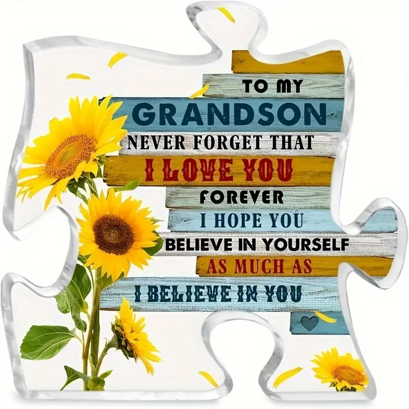 1pc, Grandson Gift From Grandparents, Sunflower Puzzle Shape Acrylic Sign, To My Grandson I Love You Forever Acrylic Sign