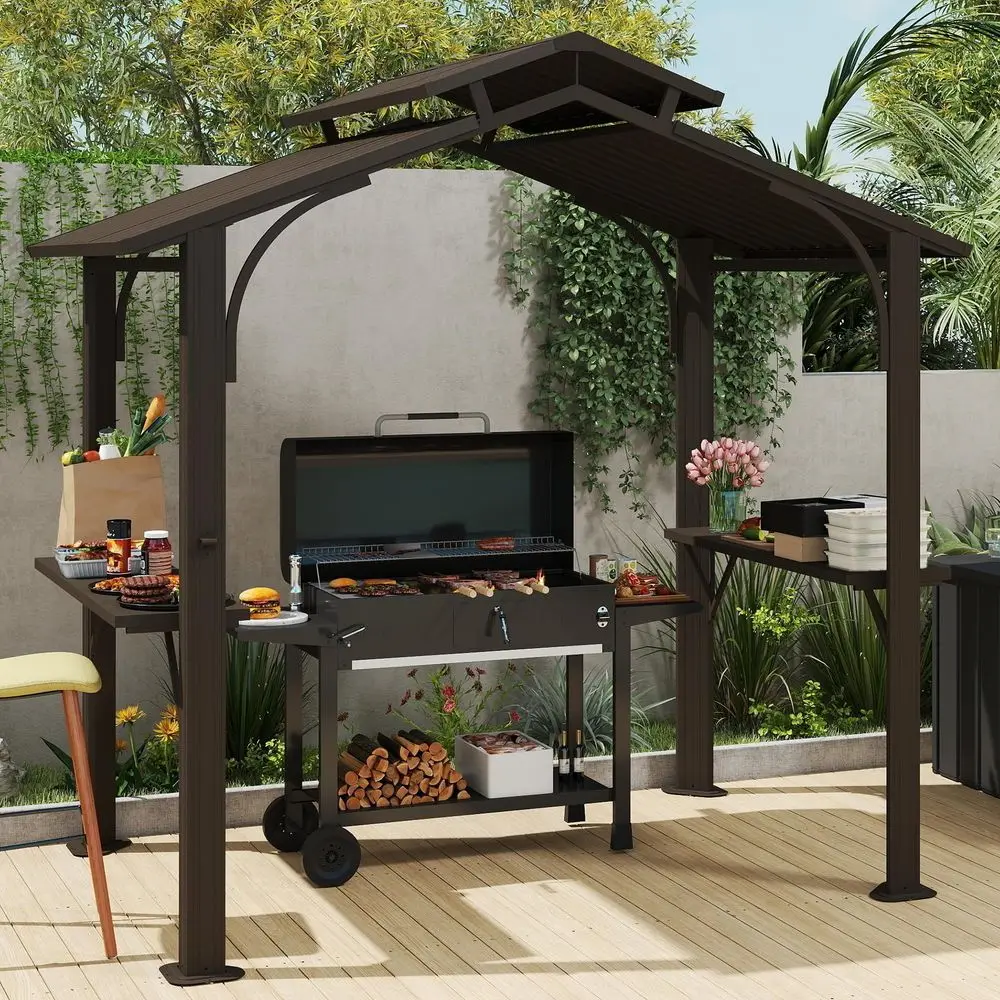 Hardtop Grill Gazebo 8x5FT, Grill Canopy for Outdoor Grill w Double Galvanized Steel Roof, 2 Side Shelves and Ceiling Hooks, BBQ