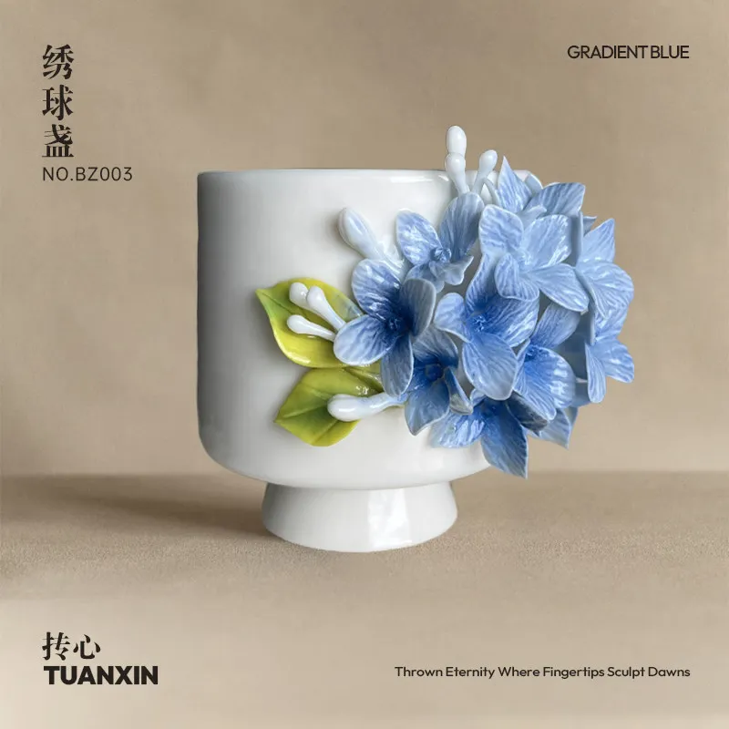Hand pinched flower blue hydrangea ceramic cup coffee cup master cup birthday housewarming new year gift