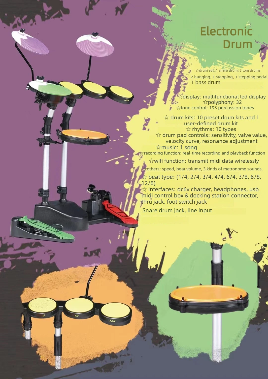 Multi-Color Electronic Drum Set For Kids & Beginners Portable Digital Percussion Kit Full Set With Built-in Stand