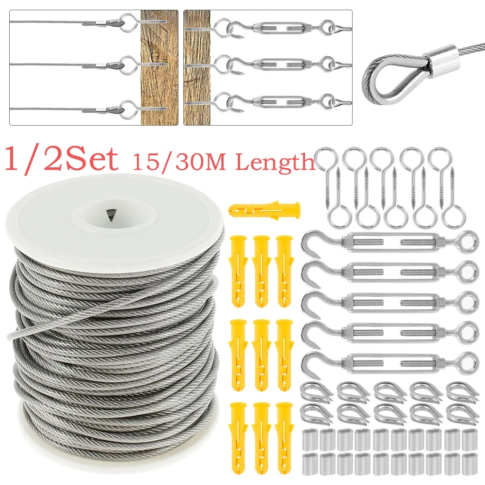 1/2Set 15/30M Cable Rope Garden Wire 304 Stainless Steel Heavy Duty Cable Railing Wire Fence Roll Kits PVC Coated Cleaning Rope