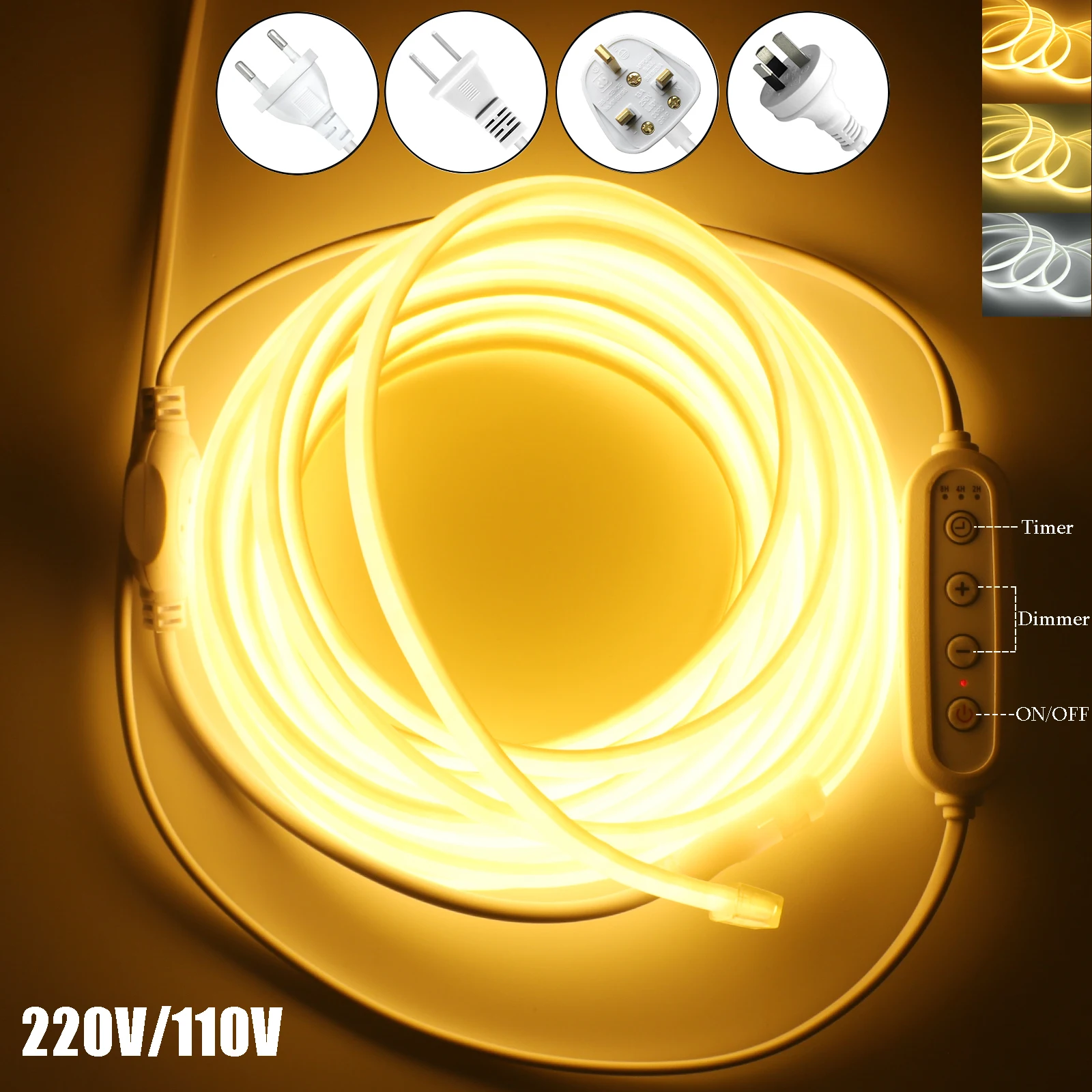 

Светодиодная неоновая лента COB 220 В 110 В с таймером/диммером/переключателем, вилкой ЕС, США, Великобритании, Австралии, 288 светодиодов/м, IP65, водонепроницаемой светодиодной ленточной ленточный светильник