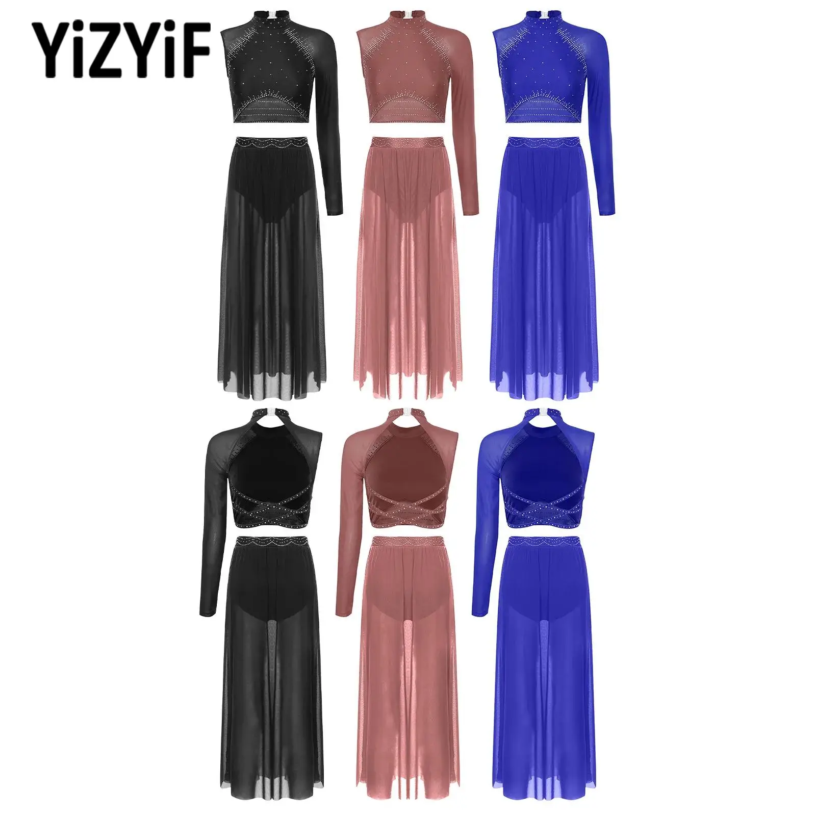 Single Long Sleeve Modern Lyrical Dance Set for Women Performance Costumes Backless Crop Top with Skirt Skating Ballet Dancewear