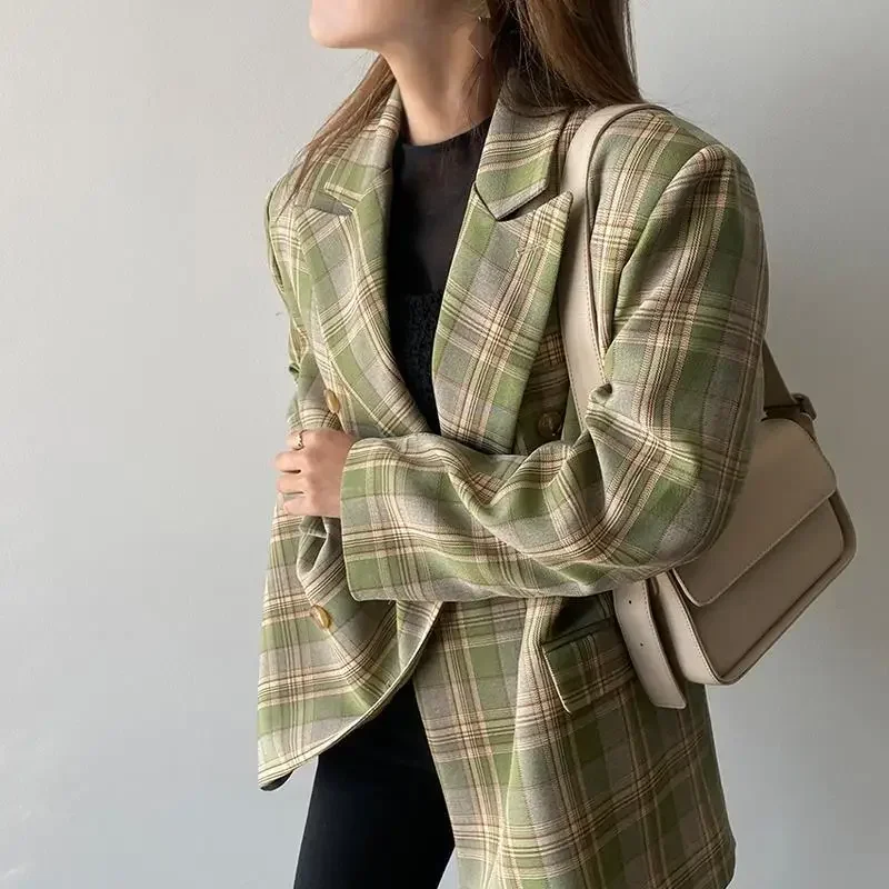 Vintage Loose Women Plaid Blazer 2023 Autumn Chic Double Breasted OL Female Long Sleeve Suit Jackets Oversized Blazers Long