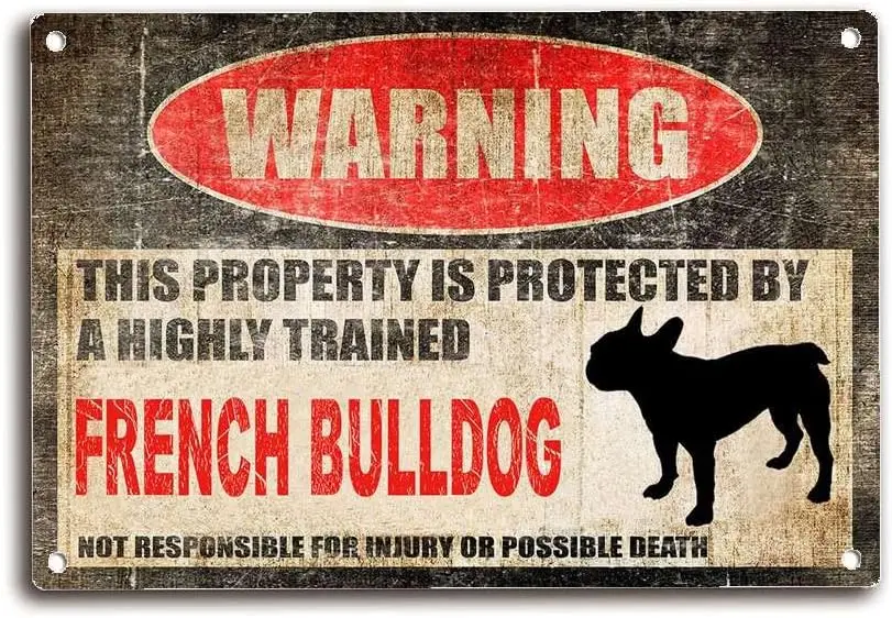 Tin Sign Beware Dog Tag Fence French Bulldog Sign This Property is Protected Funny Metal Tin Sign Fun Home Decor Bistro Cartel d