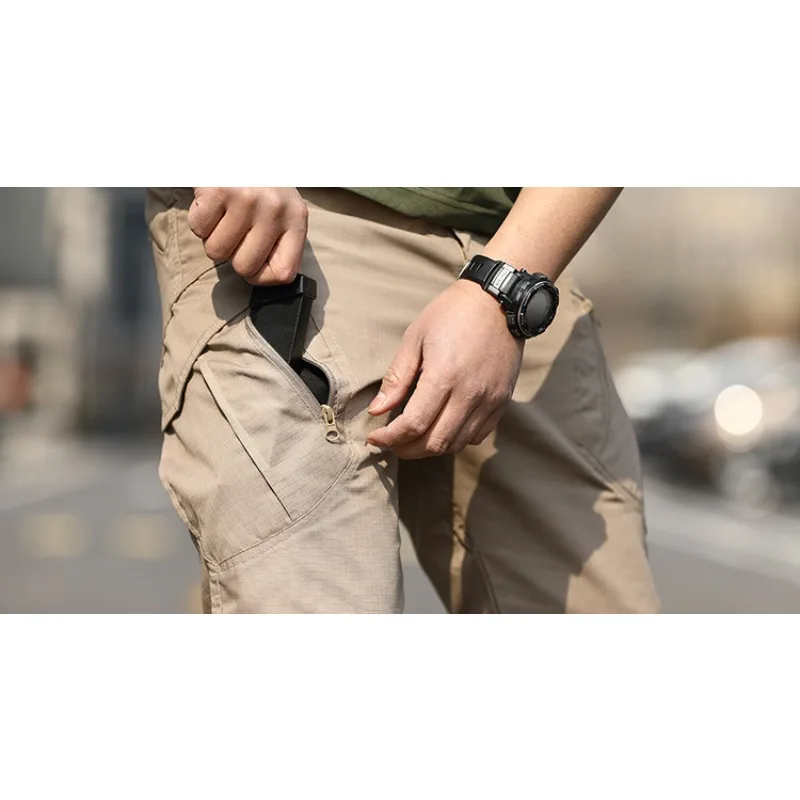 Men Rip Stop Tactical Cargo Pants Multi Zipper Pockets Wear Resistant Straight Leg Outdoor Hiking Work Trousers Utility Tactical