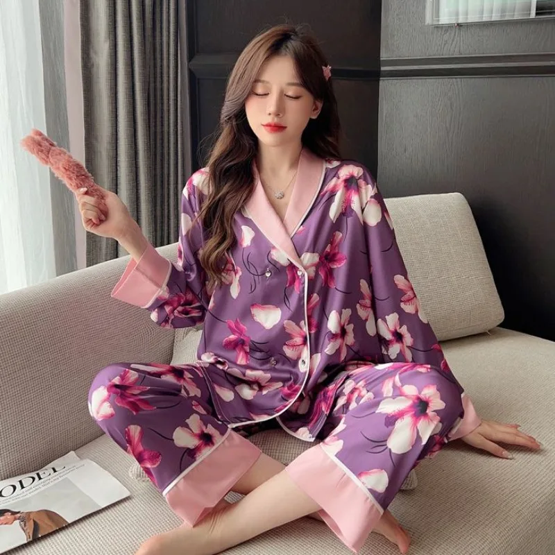 2024 New Female Ice Silk Pajamas Spring Autumn Women Long Sleeve Trousers Casual Homewear Suit Large Size Thin Nightclothes Sets