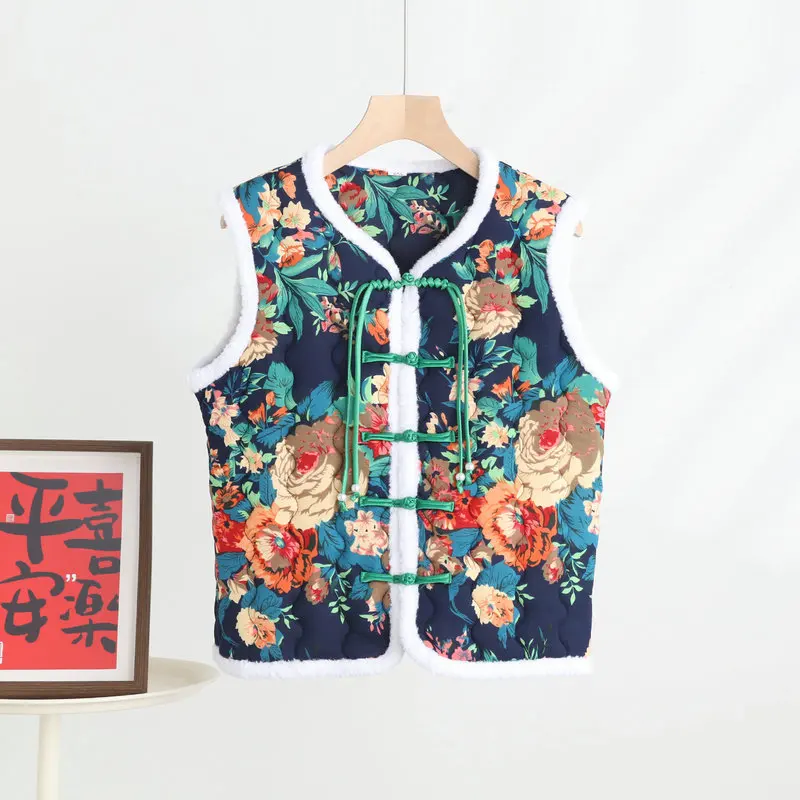 Taglie forti Bottone con nodo in stile cinese Gilet imbottito in cotone Parka senza maniche con fiori grandi nord-est Gilet peonia vecchio stile