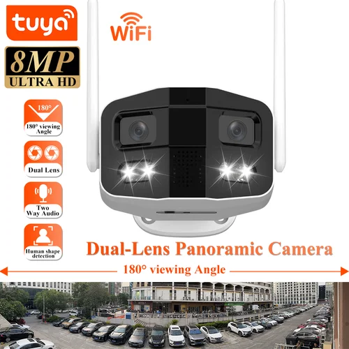 Tuya Smart 8MP Lente dual Grande ancho 180 ° Cámara WiFi exterior de seguridad con sirena de visión nocturna en color Cámara IP impermeable de conversación bidireccional