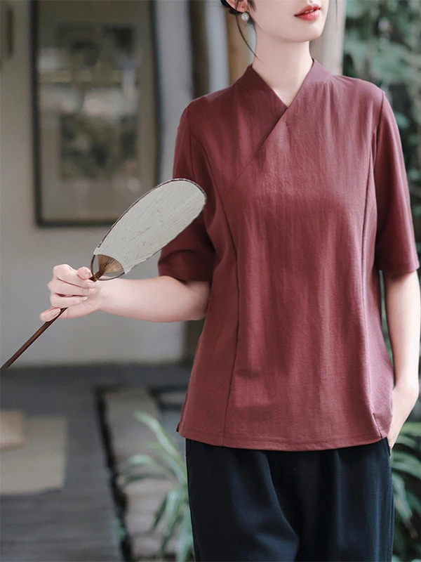 

Retro Linen Cotton irt Women's V-ne Mid-sve Asymmetrical Hanfu Sle National Trend T-irt Loose Fit Casual irt