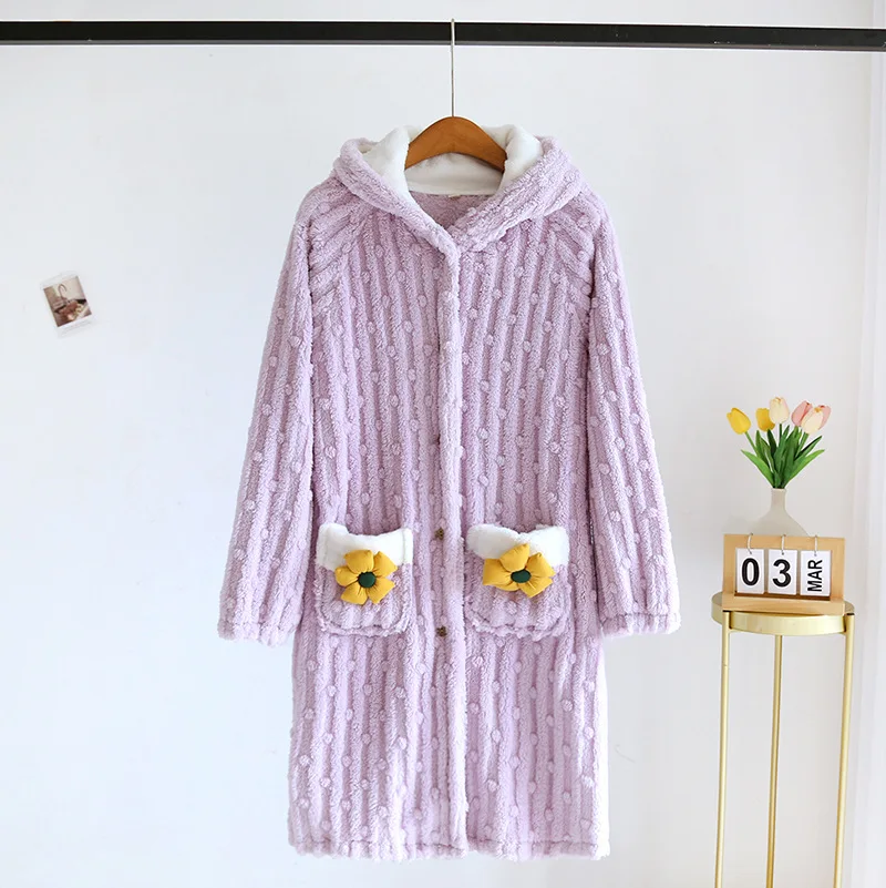 Hooded sweet thicken Flannel robes women nightdress Winter keep warm Coral fleece kimono robes nightgowns plus size