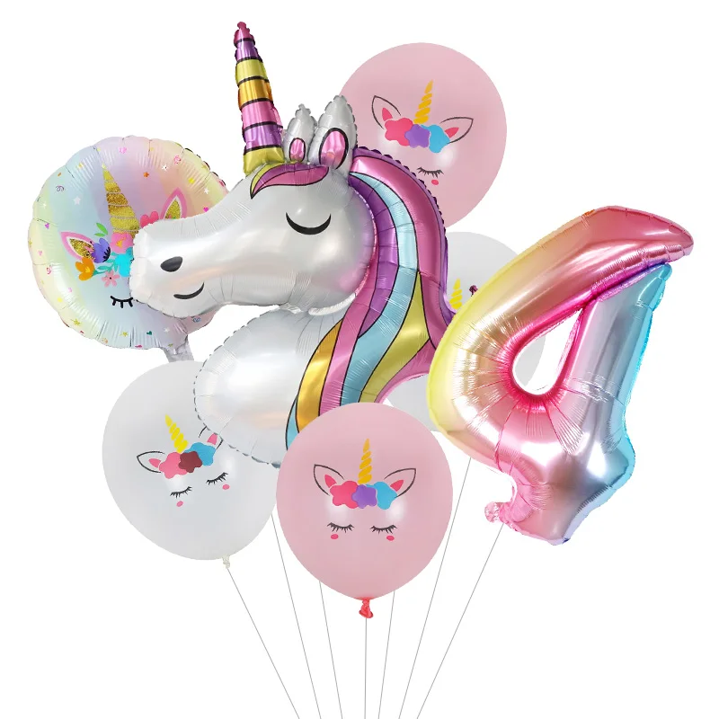 Globos de fiesta con temática de unicornio para niñas, globos redondos de aluminio, decoraciones de fiesta de cumpleaños de unicornio de 1 año,