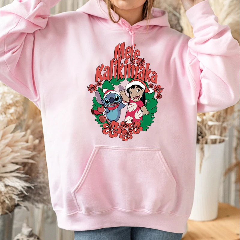 Stitch Christmas Print Women\'s Autumn and Winter Hoodie Plus Velvet Sports Sweater Pink Loose Top