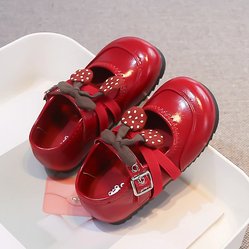 Girls 3D Cherry Bow Mary Jane Shoes, Glossy PU Adjustable Buckle Soft Flat Princess Shoes