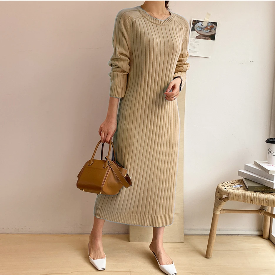 

Thick Knitted Woman Solid Sweater Dress Women Autumn Vintage New 2022 Winter Elegant Korean Warm Dresses Clothing Female Vestido