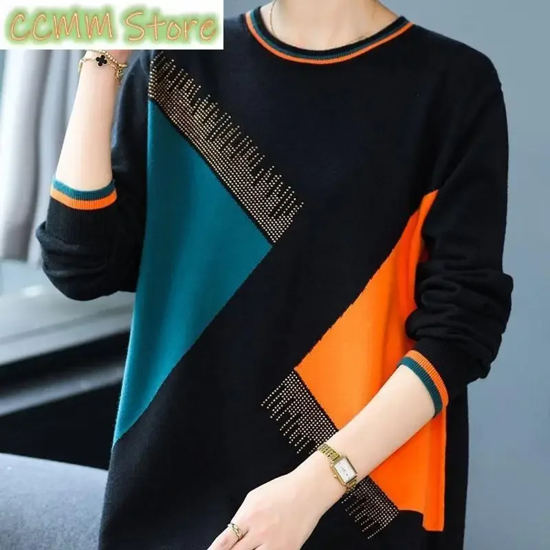 

Female Clothing Casual Geometric Spliced Jumpers Autumn Winter O-Neck Korean Loose Basic Fashion Diamonds Knitted Midi Sweaters