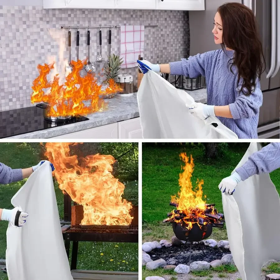 حزمة بطانيات حريق للمنزل والمطبخ 47x47 بطانية حريق الطوارئ لبطانية قمع الحريق من الألياف الزجاجية مع قفازات بخطاف Wh