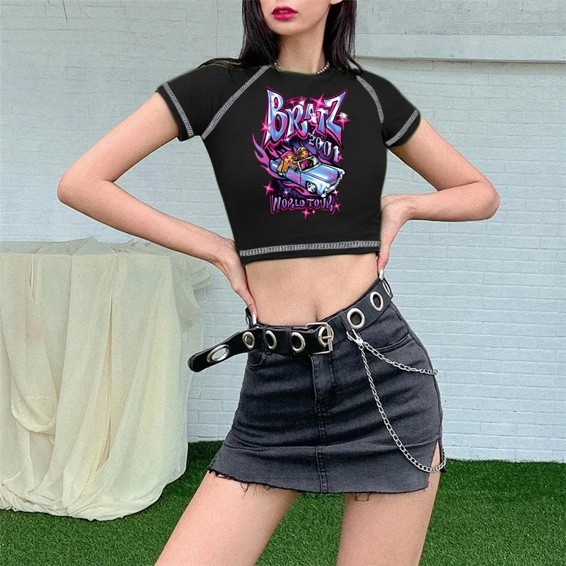 New Cartoon pattern t-shirt women clothing Bratz letter Y2K Slim-fit women tops short sleeve gothic female T-shirt ropa de mujer