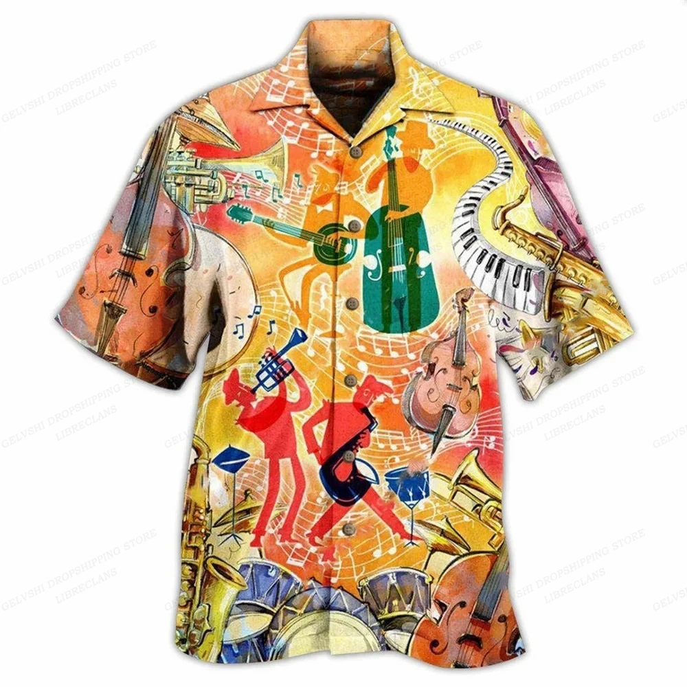 Music Hawaiian Shirt Men Fashion Short Sleeve Casual Shirts Beach Blouse Men\'s Clothing Camping Shirts Vocation Turn Over Collar