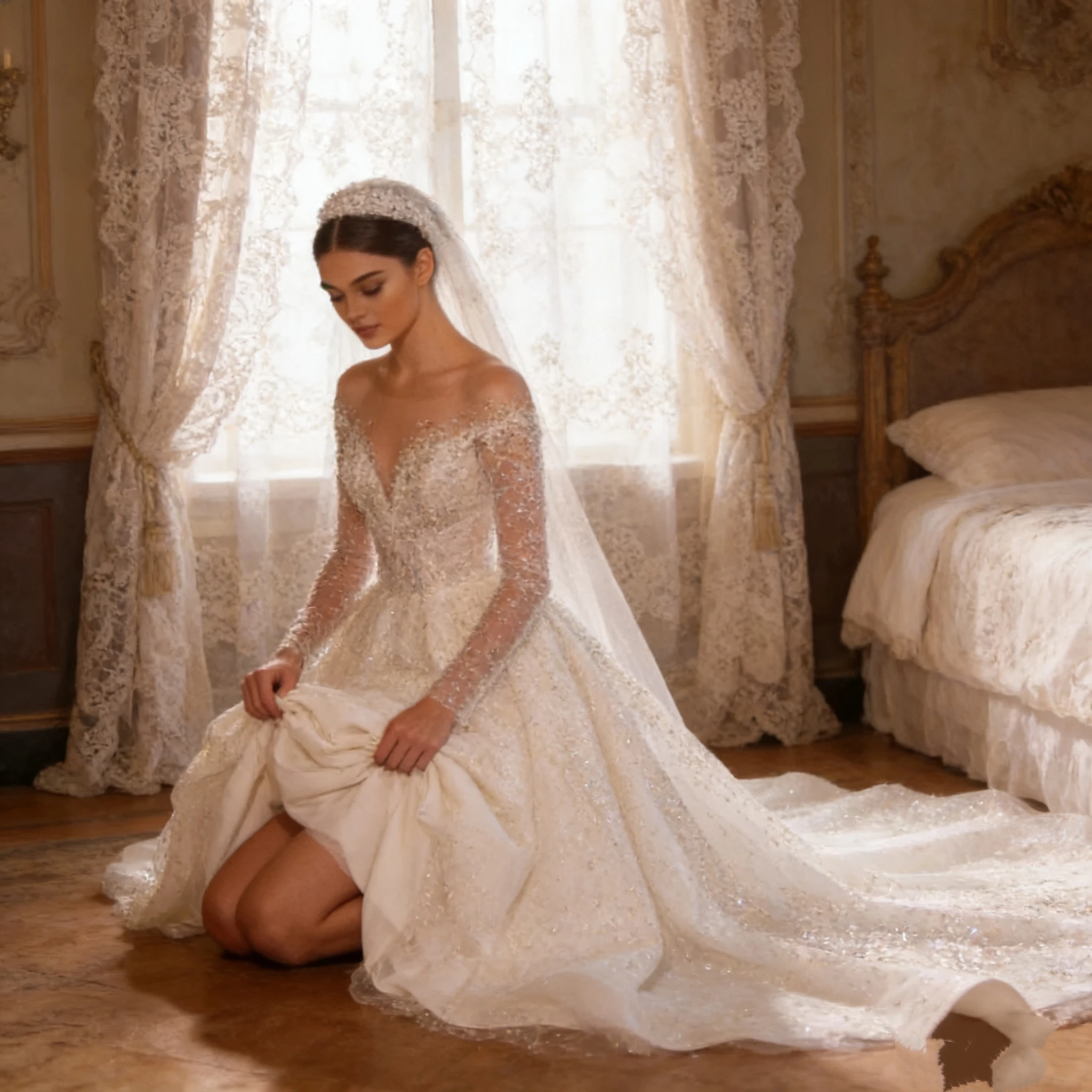 Vestidos De Novia Shining Long Sleeve Ball Gown Wedding Dress Beading Tulle Luxury Hochzeitskleid Button Back Gorgeous Trouwjurk