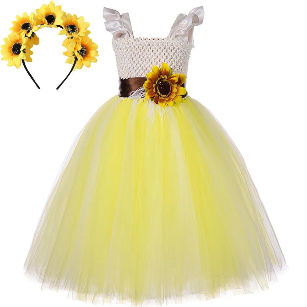 

Sunflower Girl Long Dresses for Kids Birthday Wedding Party Outfit Girls Bridesmaid Costumes Princess Pageant Tutus Ball Gowns