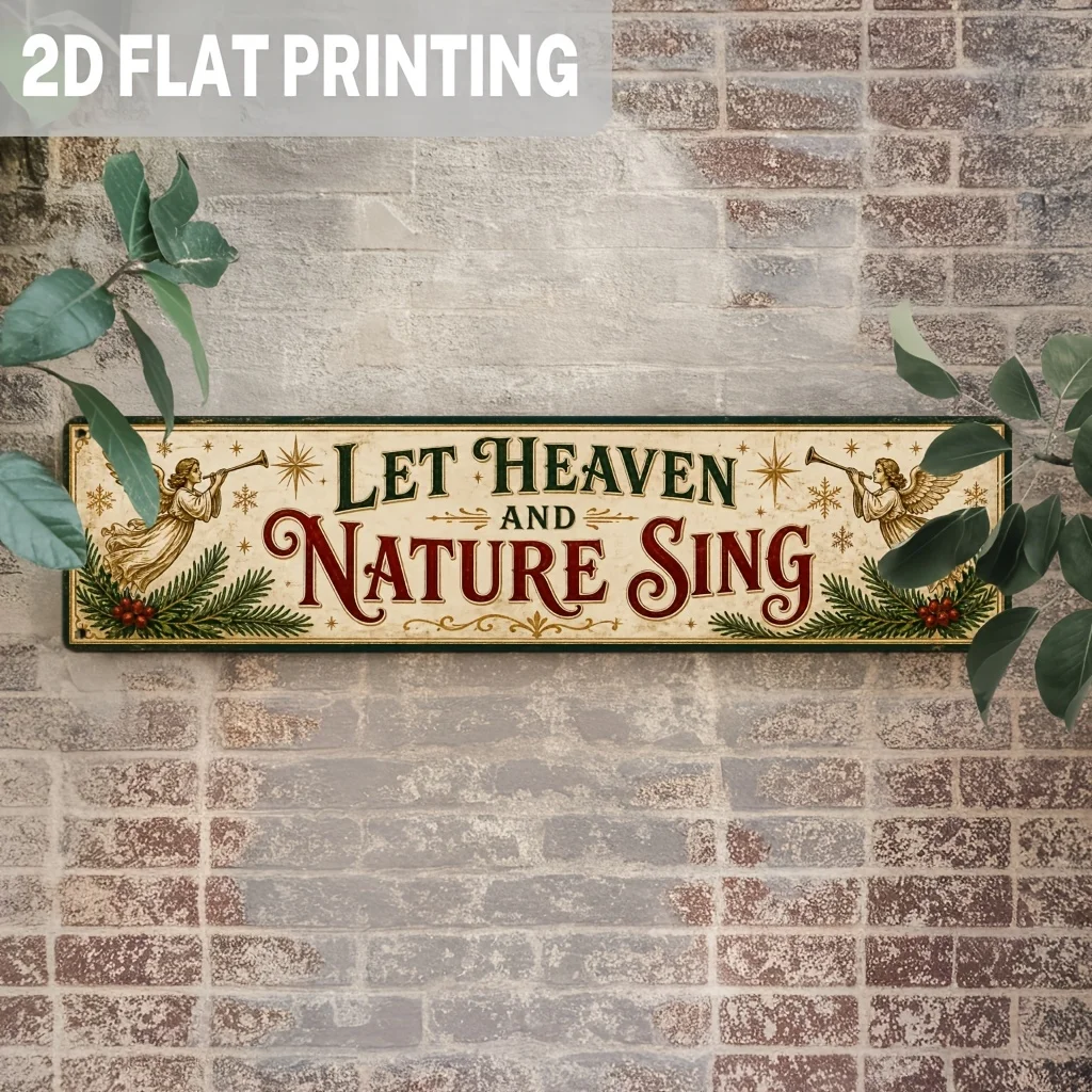 2D Flat 1pc Classic Let Heaven And Nature Sing Metal Sign, Christmas Angel Snowflake Pine Branch Wall Decor for Living Room