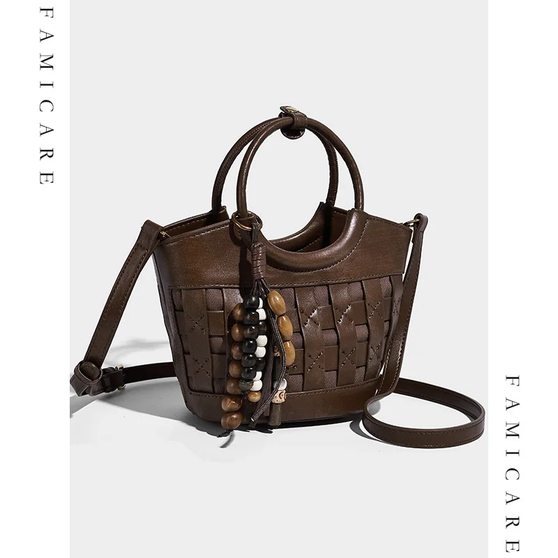 

2025 Fall New Vintage Woven Mini Bucket Bag Unique Design Market Tote Shoulder Handheld Bag Women Versatile PU Leather Handbag