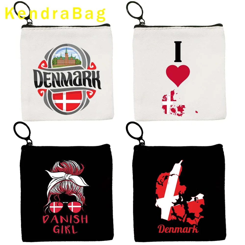 Denmark Country Flag Map Key Coin Purse Canvas Bag LOVE HEART Copenhagen Denmark Girl Cute Pouch Cotton Bags Wallet Zipper Gifts