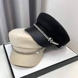 Autumn Winter Woolen Newsboy Hat for Women Vintage Solid Flat Top Berets Caps with Chain Ladies Military Painters Cap 2022