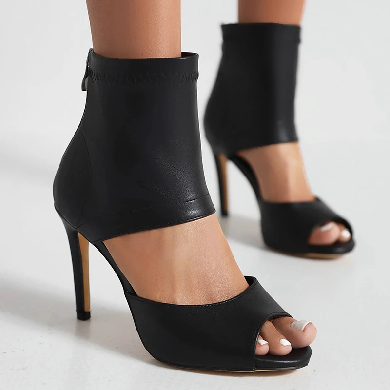 

Большие размеры, модные туфли с открытым носком, дышащие босоножки на высоком тонком каблуке с молнией сзади на очень высоком тонком каблуке