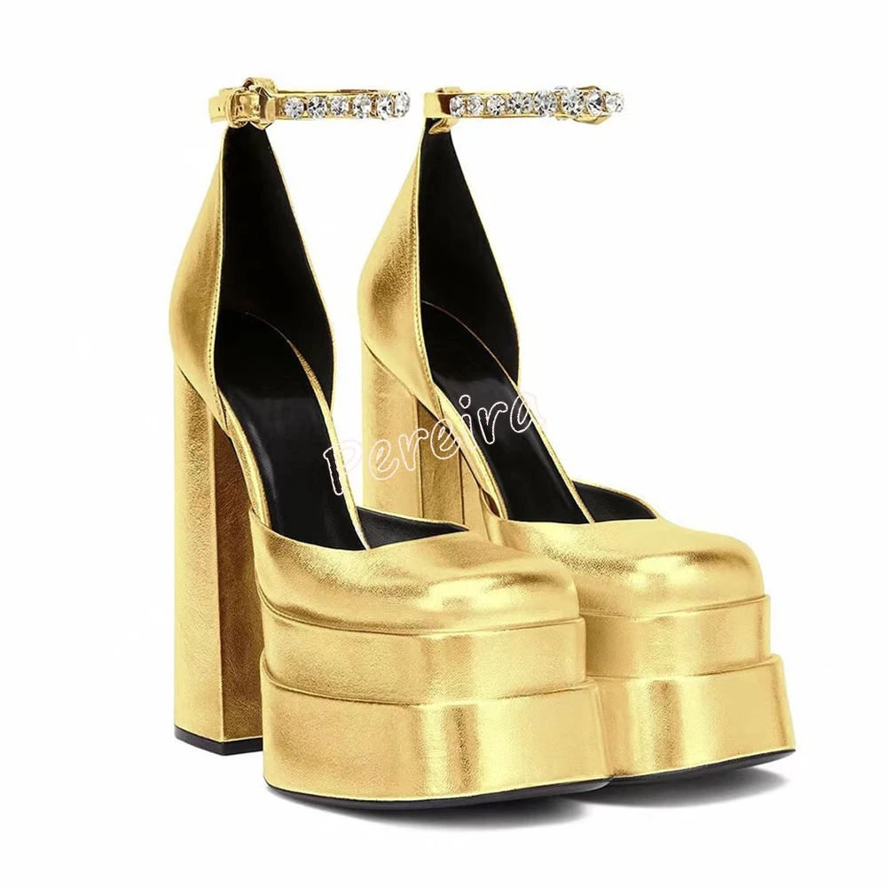 Gold Platform Buckle Rhinestone Pumps New Arrival Women Solid Round Toe Chunky Heel Solid Summer Footwear Party Shoes