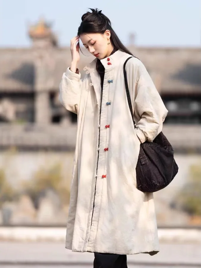 Women's New Chinese Style Long Cotton Jacket with Liner Warmth Breathable Cotton Linen Coat Button up Winter Outerwear