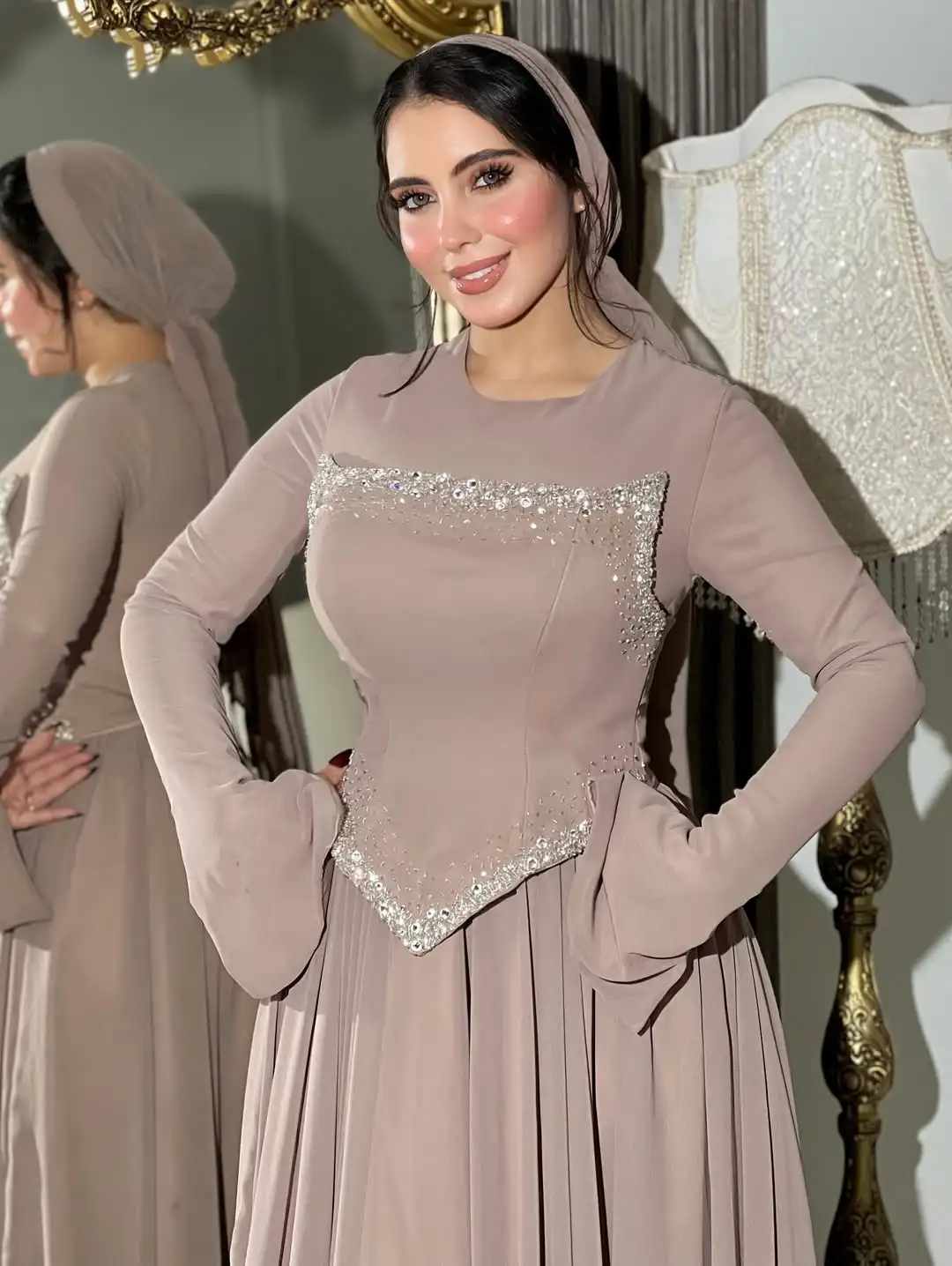 تصميم جديد يا الرقبة الديكور مشد أنيق كامل الأكمام ثنيات ألف خط أزياء ساحرة حفلة موسيقية اللباس الرسمي