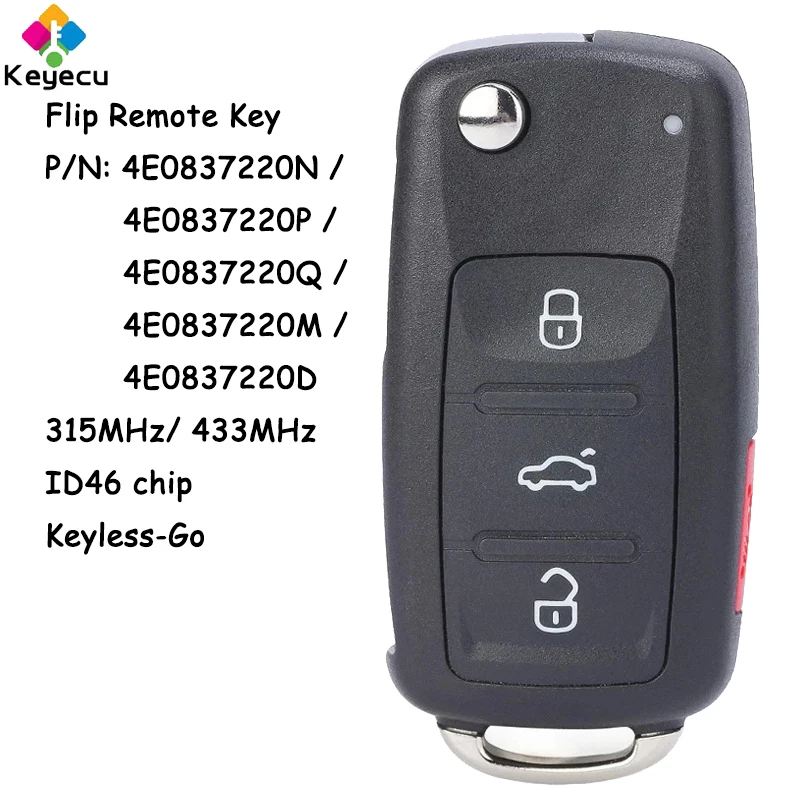 KEYECU Keyless Flip zdalny kluczyk z 3 + 1 4 przyciskami 315MHz 433MHz układ ID46 dla Audi A8 S8 2003-2009 Fob 4E0837220 N P Q M D