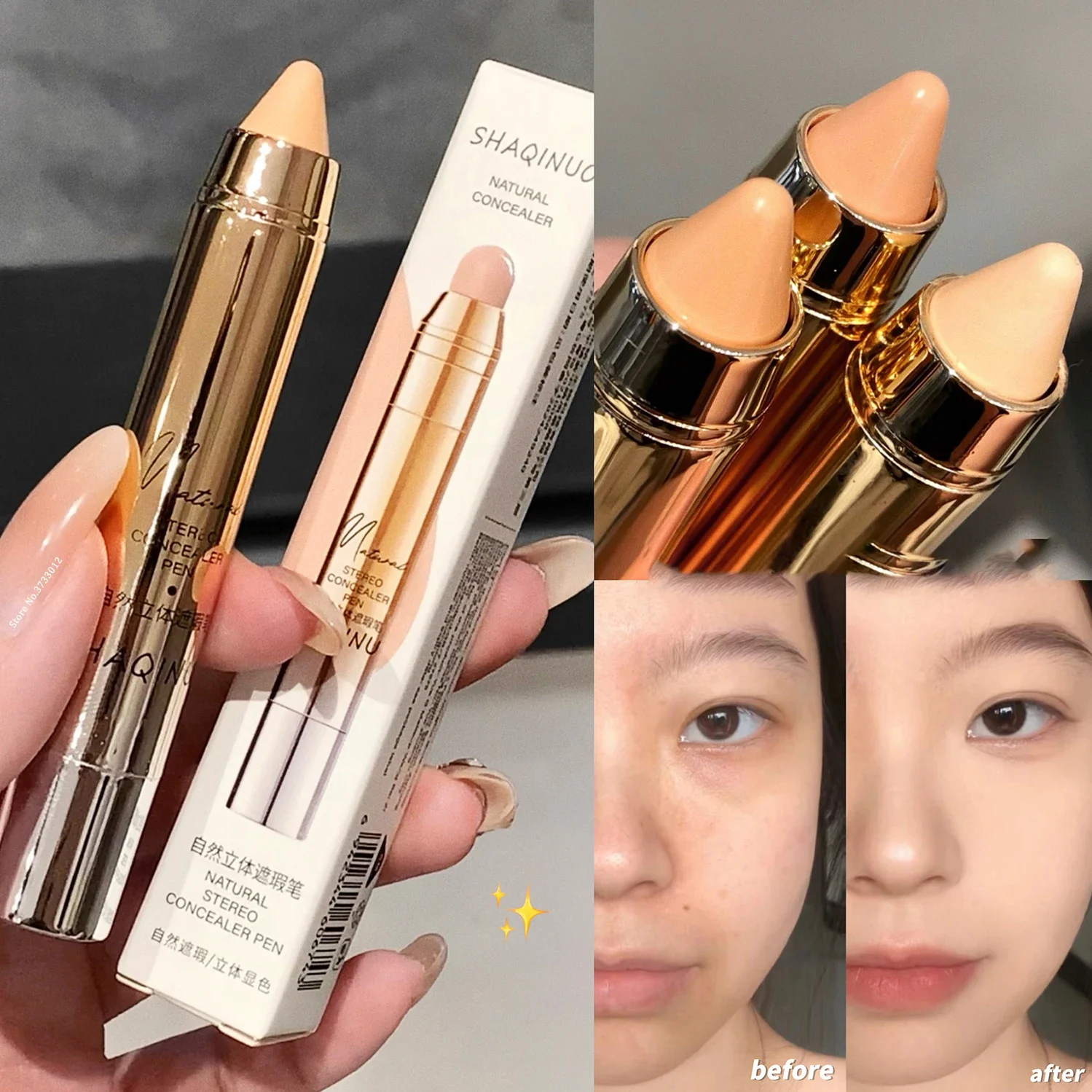 3 Color Concealer Pen Waterproof Oil-Control Concealer Base Cream Cover Dark Circles Natural Finish Foundation for All Skin Tone