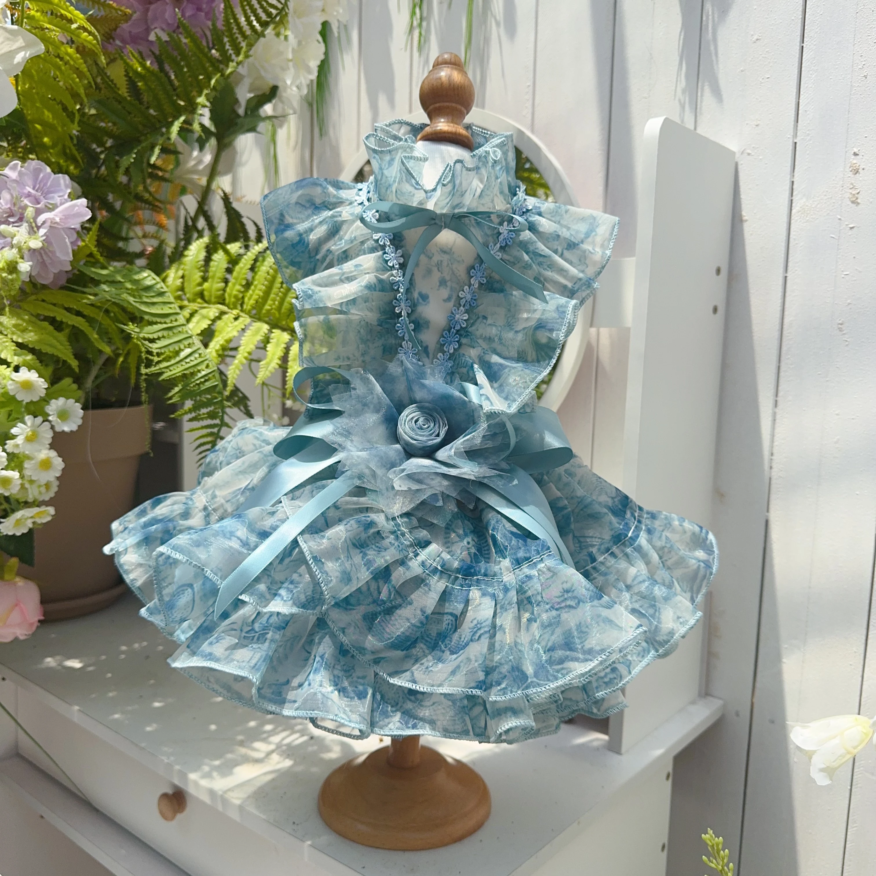 

France Style Blue Pet Dog Cats Clothes 2026 Luxury Handmade Print Lace Bow Party Princess Dress for Small Medium Dog Puppy Coat